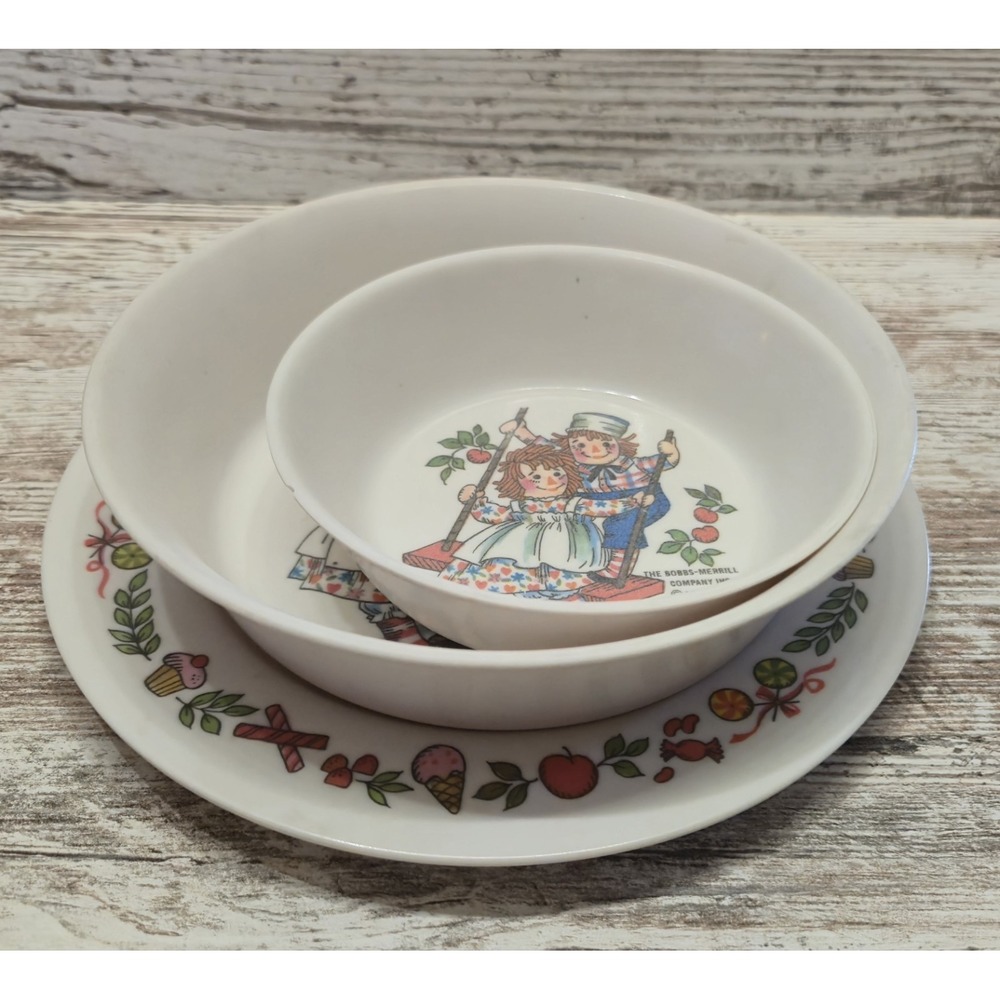 Bobbs-Merrill 1969 Vintage Raggedy Ann & Andy Oneida Deluxe Plate & 2 Bowls Set